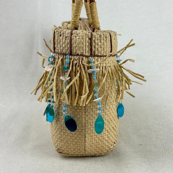 Magid Woven Straw Beaded Fringe Tassel Shoulder Bag Beach Vacation Coastal Boho - Picture 3 of 10